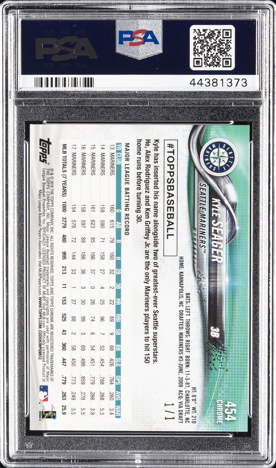 2018 TOPPS CHROME SAPPHIRE EDITION SUPERFRACTOR 1/1 #454 KYLE SEAGER #/1 PSA 10 view 2
