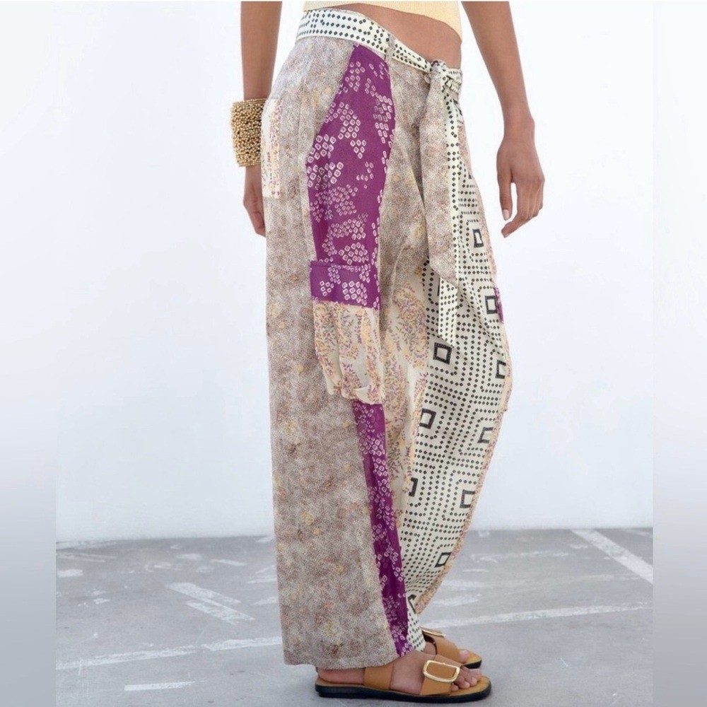 ZARA Patchwork Sheer Lightweight Viscose Cargo Pa… - image 7