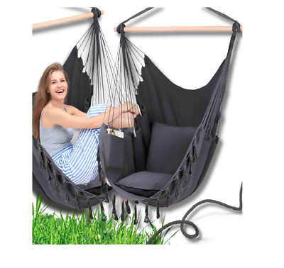 QLS Hängesessel Boho-Stil 130x100 cm mit 2 Kissen Hängestuhl bis 200 kg graphit