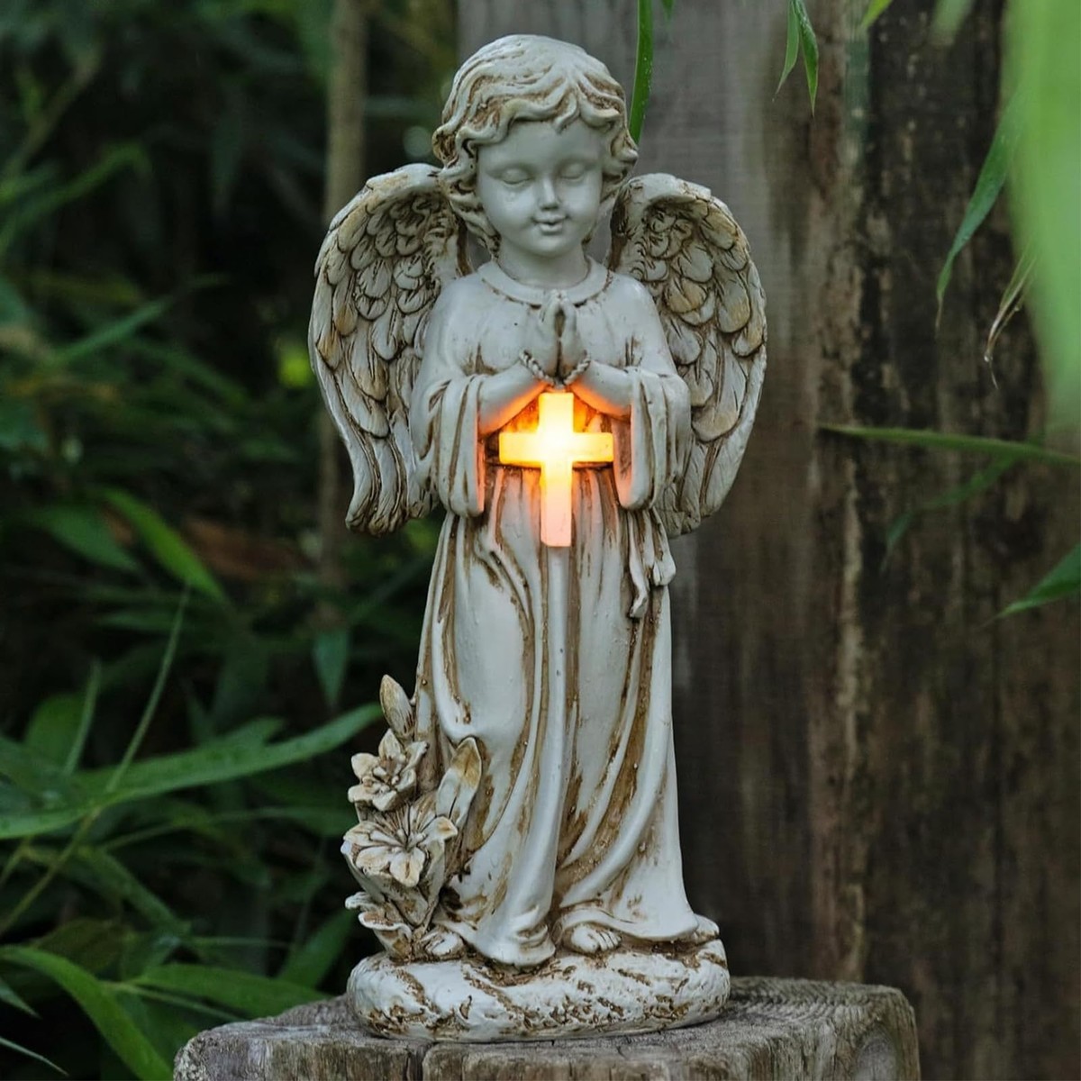 Engel Gartenstatue Aus Harz | Wetterfest & Wasserdicht | Weißer Steineffekt | Für Terrasse, Teich & Beet | H26 X B24 Cm