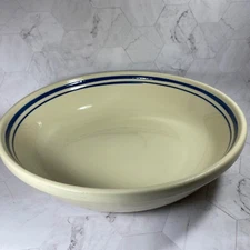 Vintage Roseville Friendship Pottery Co. Blue-Stripe Stoneware Pasta Bowl 13 in.