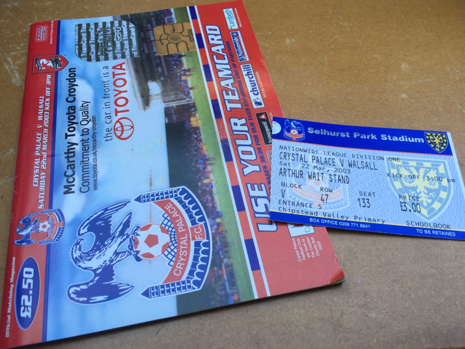 Vintage 2003 Crystal Palace vs Walsall Football Programme & Ticket  