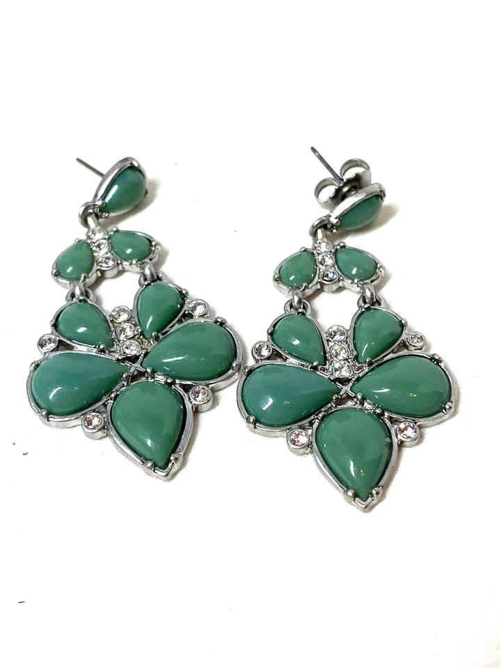 Lia Sophia Silver Tone Dangle Drop Earrings Green Stones Clear Accent - Image 4 of 4