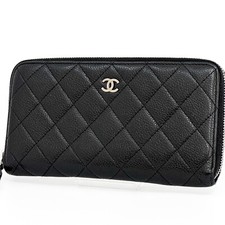CHANEL Matelasse Caviar Skin Round Zippy Long Wallet Purse leather Black Auth S