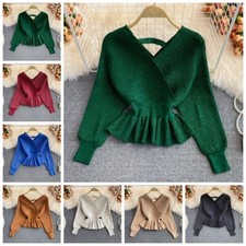 Women Ruffles Jumper Sweater V Neck Peplum Tops Shiny Pullover Knitwear