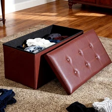 30" Brown Storage Ottoman 80L Storage Bench Footrest w/ Foam Padded Seat 350lbs