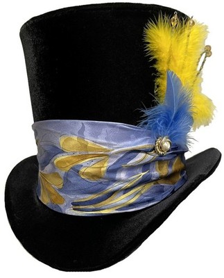 Tall Top Hat Black Velvet Blue Yellow Steampunk Wedding Mad Hatter Dapper