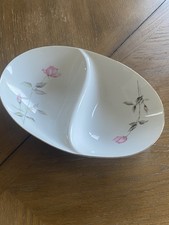 Vintage MCM "Dawn Rose" by Sango Japan Oval Divided Serving Bowl Silver Edge