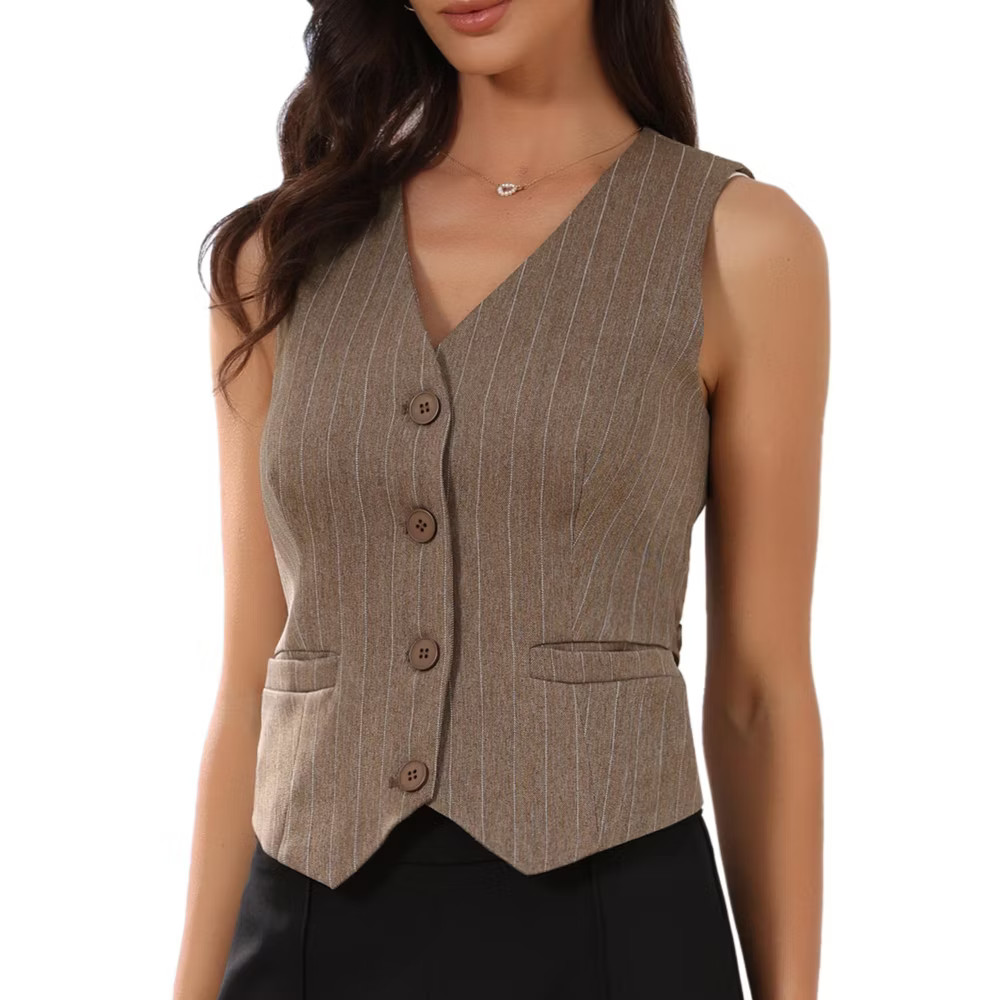 INSPIRE CHIC Women's Striped V Neck Sleeveless Button Down Fully Lined Dressy