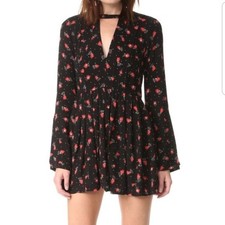 Free People Tegan Mini Dress Black Floral Red Cutout Long Sleeve 4