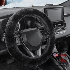 Furry Car Steering Wheel Cover with Fluffy Gear Shift Cover Soft Warm Black