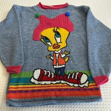 Looney Toons Tweety Bird Kids Small Long Sleeve Sweater Knit Vintage 90's