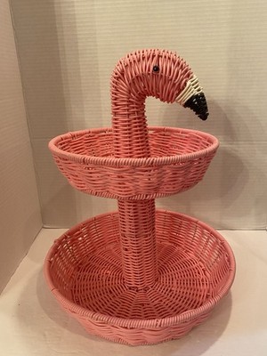 Pink Flamingo 2 tier Resin Wicker Style Tray Bowl Fruit Vegetable Holder Party 