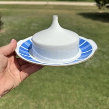 Jlmenau MCM Round Covered Butter Dish Blue Striped Made In Germany