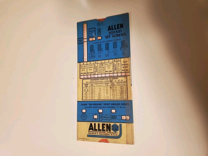 1954 Allen Head Socket Set Screws Chart Hartford CT..
