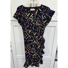 Molly Bracken Womens Small Black Multi Color Ruffle Mini Dress  Wrap Look