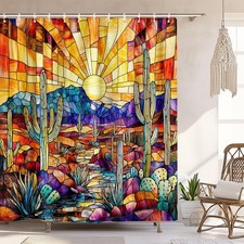 Western Cactus Southwest Shower Curtain, Rustic Boho Abstract Stained Glass D...