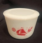 McKee Glass Co Red Ships Round 4 “ Drippings Jar / Refrigerator Dish With Lid