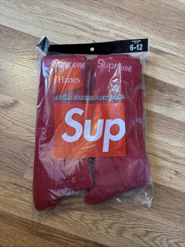 Lot de 4 chaussettes d'équipage SUP Supreme Hanes Rouge Taille 6 12 coton authentique NEUF SCELLÉ