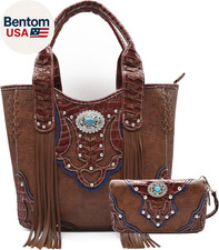 Western Style Cowgirl Woven Fringe Crocodile Gorgeous Purse Conchos Country Tote