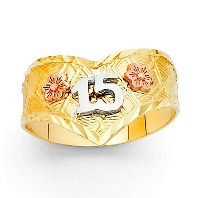 15 Años Quinceañera Flower 14k Tri Tone Gold Flat Checkered Band Oro Flor Anillo