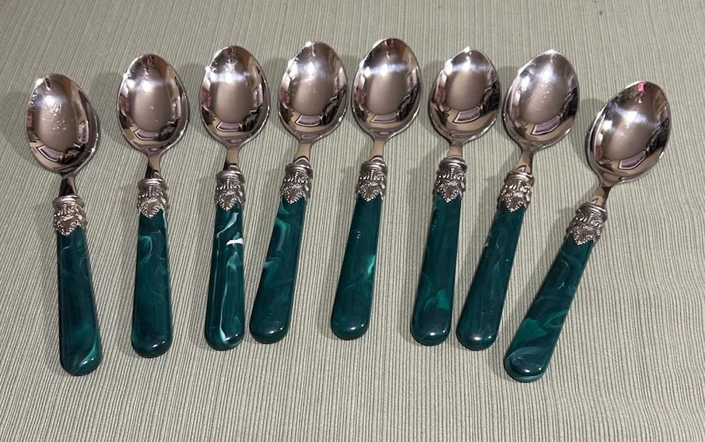 EME Flatware Napoleon 8 Serving Spoons Stainless Green/White Marbled 18/10 Italy
