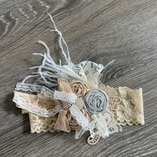 Lace baby headband with decorative flowers, Beige Ivory Gray accents