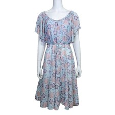 Vintage 70s 80s Crepe Nylon Sheer Floral Flutter Sleeve Summer Midi Day Dress