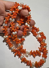 Flapper Orange Coral Branch Bead White Freshwater Cultured Double Pearl Necklace
