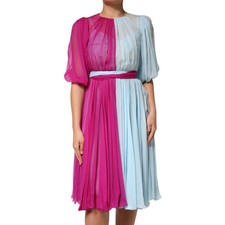 DOLCE & GABBANA Dress Pink Blue Silk 3/4 Sleeves A-line IT44/US10/L RRP 4130usd