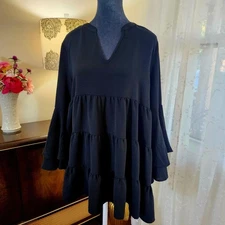 Panhandle Womens Tunic Large Black Tiered Ruffle Long Bell Sleeve Western Boho