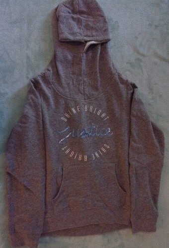 EUC Girls Justice Gray Hooded Pullover Shine Bright "Justice" Blue Sequins s/ 10 - Picture 4 of 8