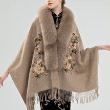 Womens Real Fox Fur Collar Wool Embroidered Shawl Winter Warm Fox Fur Scarf Cape