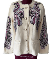 Chico  s Embroidered Paisley Lady Jacket size 1 US M Cream Purple Button Front