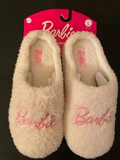 Barbie Womens White Plush Round Toe Casual Cozy Fuzzy Slip-On Slippers