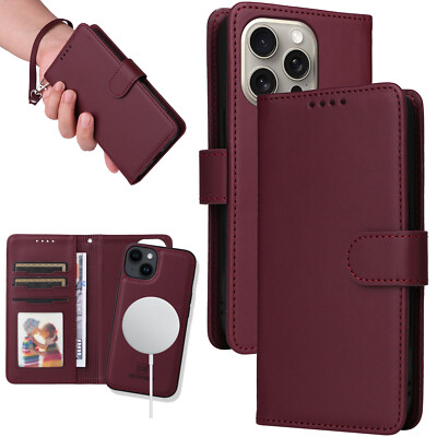 For iPhone 17 Pro Max 17e 16 15 14 13 12 Magnetic Leather Wallet Detachable Case