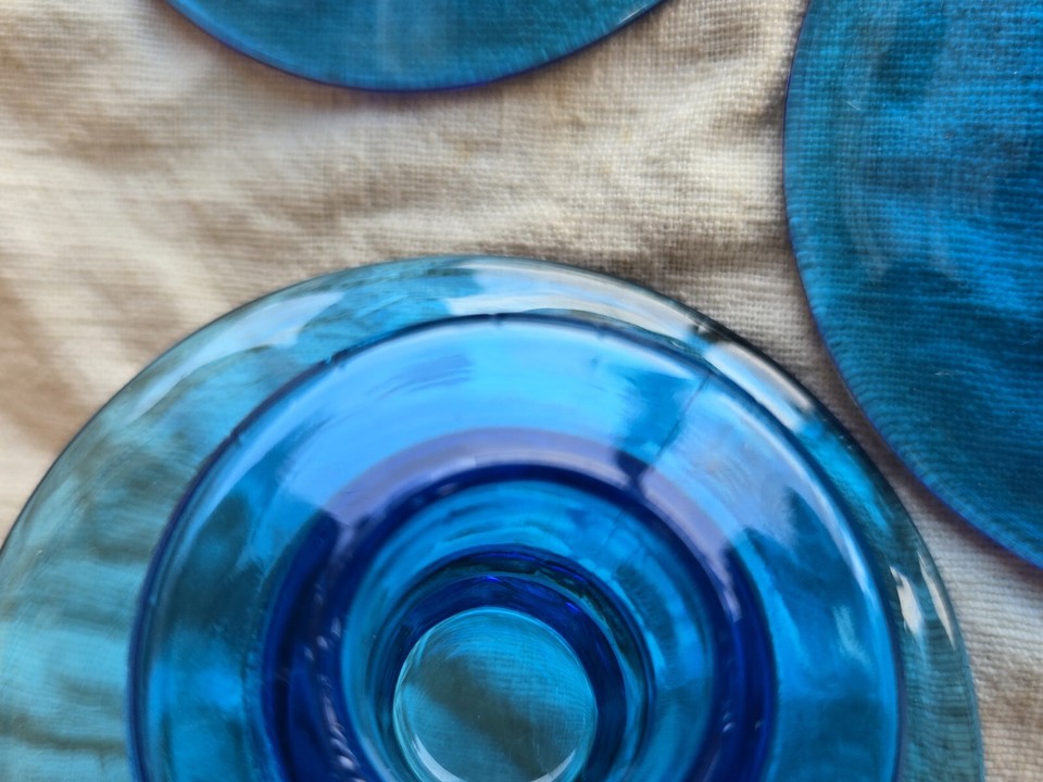 Vintage Blue Glass Candle Sticks Set Of 3 eBay