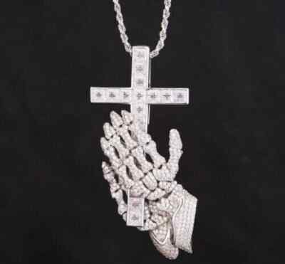 2.40Ct Lab Created Diamond Round Cross Hand Pendant 14k White Gold Silver Plated