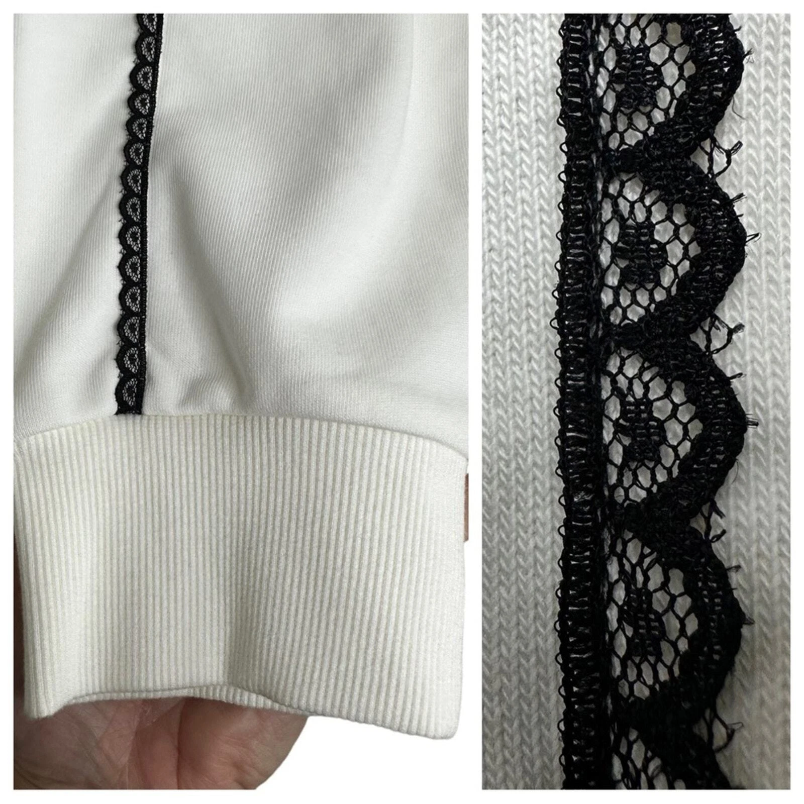 OFF WHITE Felpa con cappuccio Jason Wu Avorio bianca a maglia con dettaglio pizzo nero finiture taglia large morbida in perfette condizioni