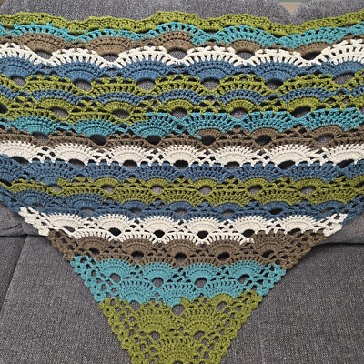 Hand Crocheted Virus Stitch Shawl Large Teal Blue Green Brown White 74 X 37 New