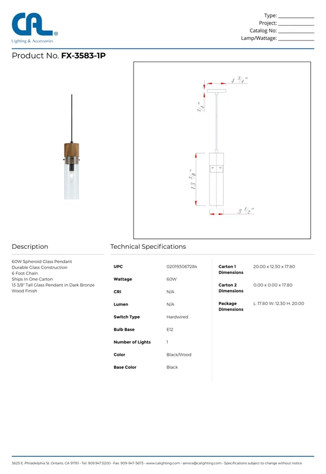 Cal Lighting 13 3/8" Tall Glass Pendant- FX-3583-1P (FREE Vintage Bulb!) - Image 4 of 4