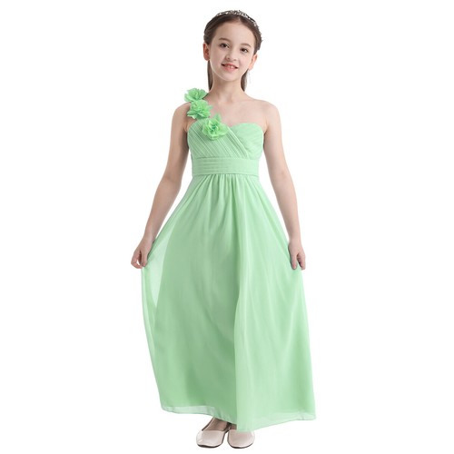 Flower Girl Long Dress One-shoulder Princess Maxi Wedding Bridesmaid Formal Gown - Picture 18 of 59