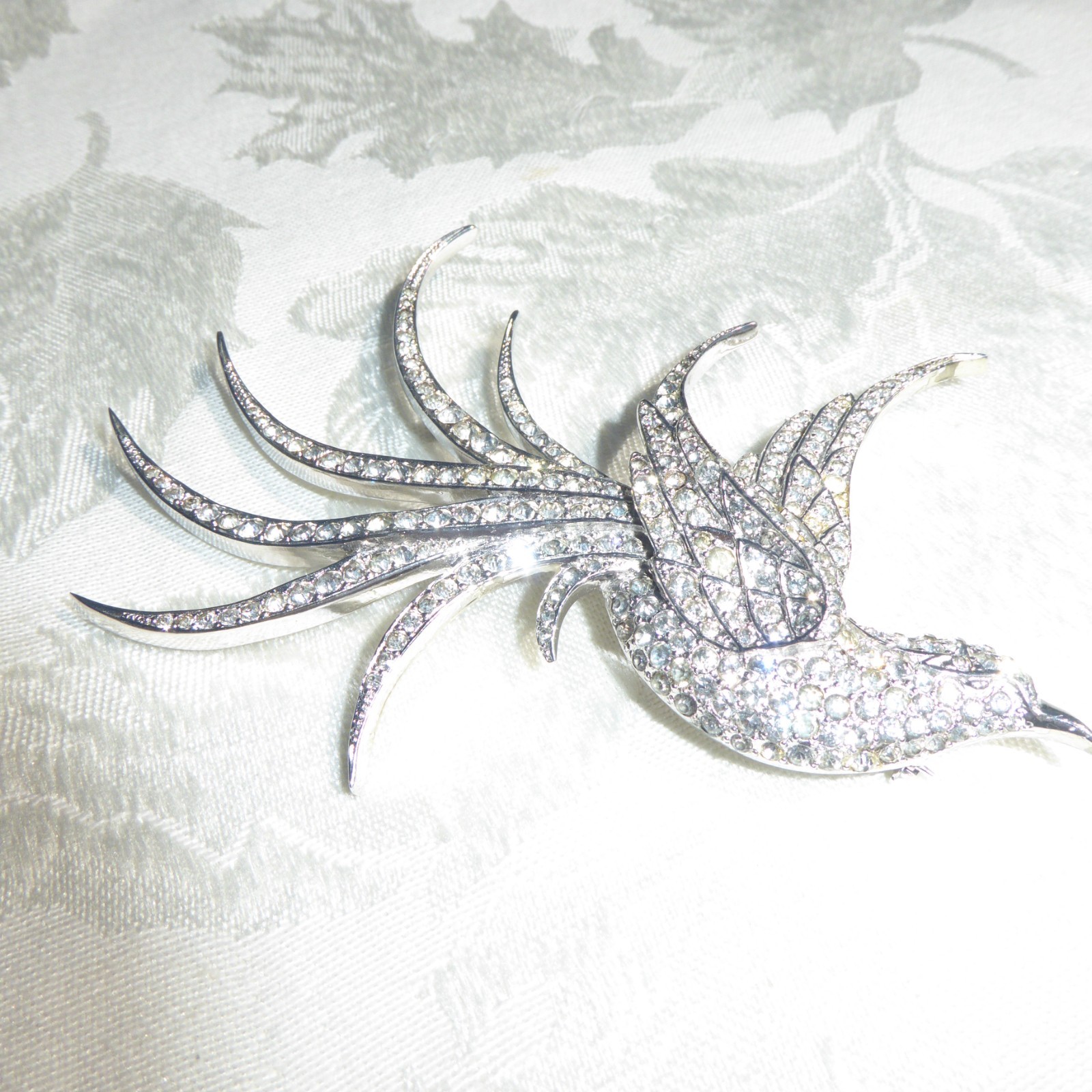 LARGE VINTAGE SILVER TONE RHINESTONE BIRD IN FLIGHT By Marcel Boucher 4 1/4