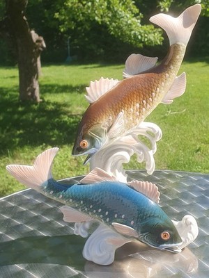 Porzellan Figur - Karl ENS - Fische auf Wellen - DDR Rarität 