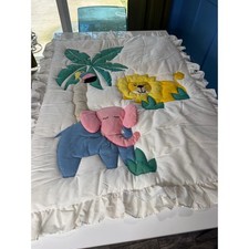 Handmade Jungle Animal Quilt white Vintage 90s Safari Nursery Baby Blanket