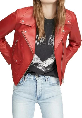 BASIC New Women's Red Leather Jacket 100% Real Lambskin Moto Biker Jacket