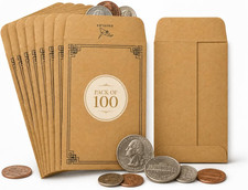 100 Pack 1 Small Coin Envelopes, 2 "X3 " Brown Paper  100 GSM Paper, Gummed Fl