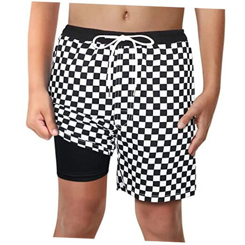 Boys Swim Trunks with Compression Liner Comfortable Large Black White Checker