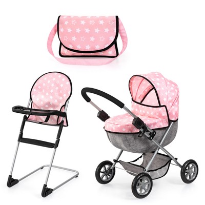 Bayer Design Puppenwagen Set Cosy Hochstuhl Wickeltasche rosa Sterne NEU