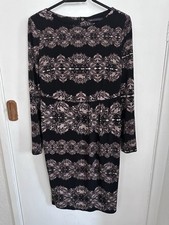 M&S Size 14 Brown Black Dress Lined Tummy Control Midi Work Lace Effect (V)